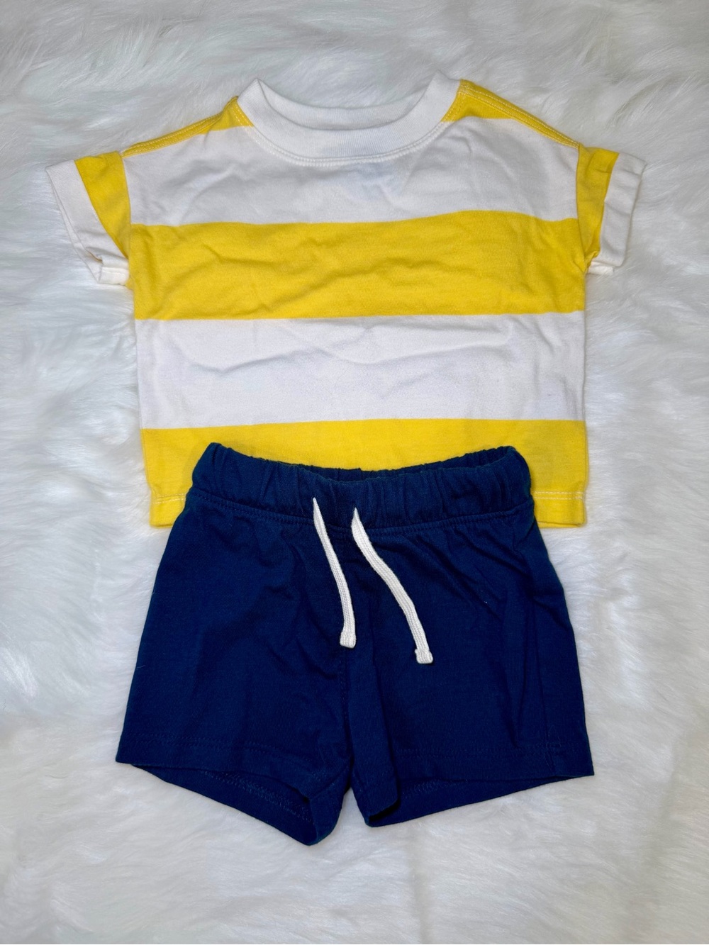 Old Navy Yellow & White Striped Tee with Navy Drawstring Shorts